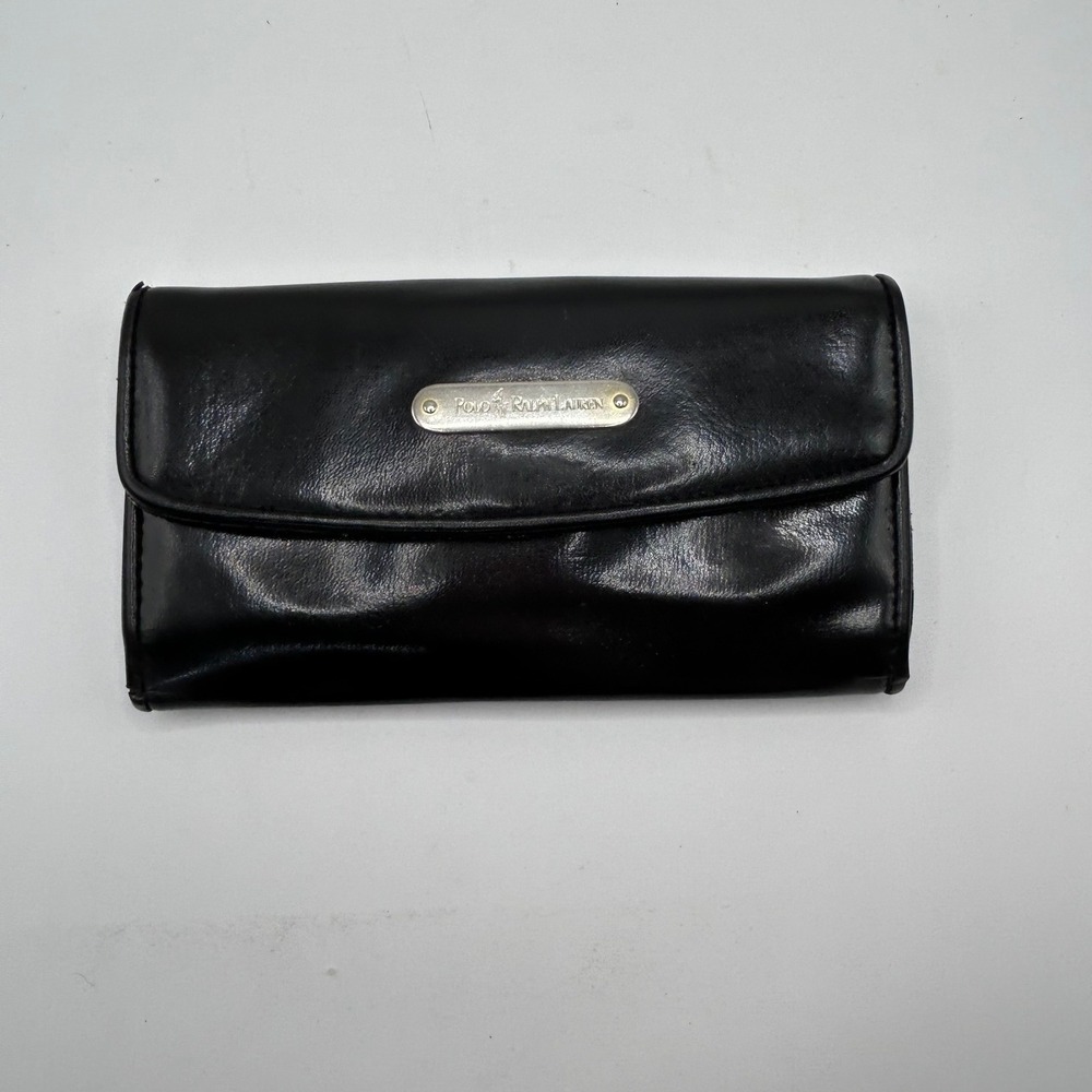Polo Ralph Lauren Black Leather Trifold Wallet Logo Plate Zip Pocket